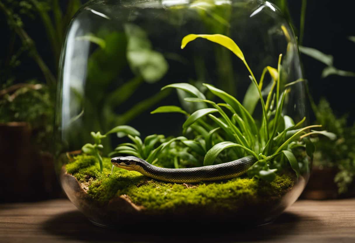 An image showcasing a terrarium filled with vibrant green plants and a glass container housing a Western Garter Snake
