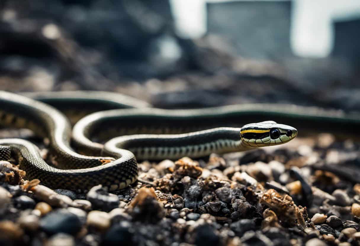 An image depicting a garter snake in a polluted environment, surrounded by industrial waste and toxic fumes, highlighting the impact of pollution on the strong odor emitted by garter snakes