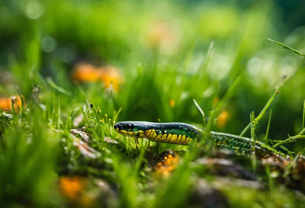 An image showcasing a vibrant, lush green meadow filled with an array of colorful insects and small amphibians, illustrating the diverse diet of garter snakes and hinting at the connection between their food choices and their distinctive odor