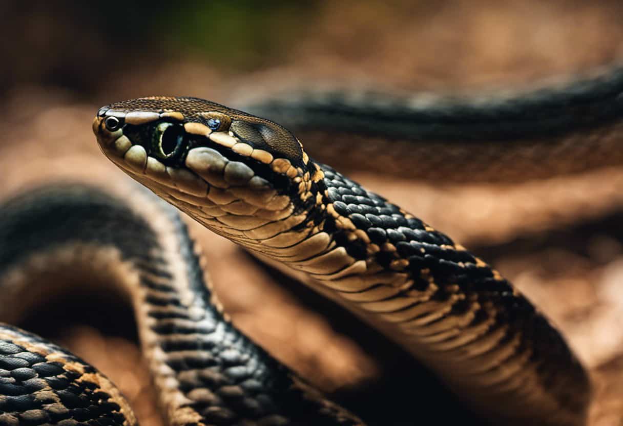 An image capturing the intricate moment of a garter snake releasing its musk, showcasing the snake's contorted body, the intense concentration in its eyes, and the pungent odor wafting through the air