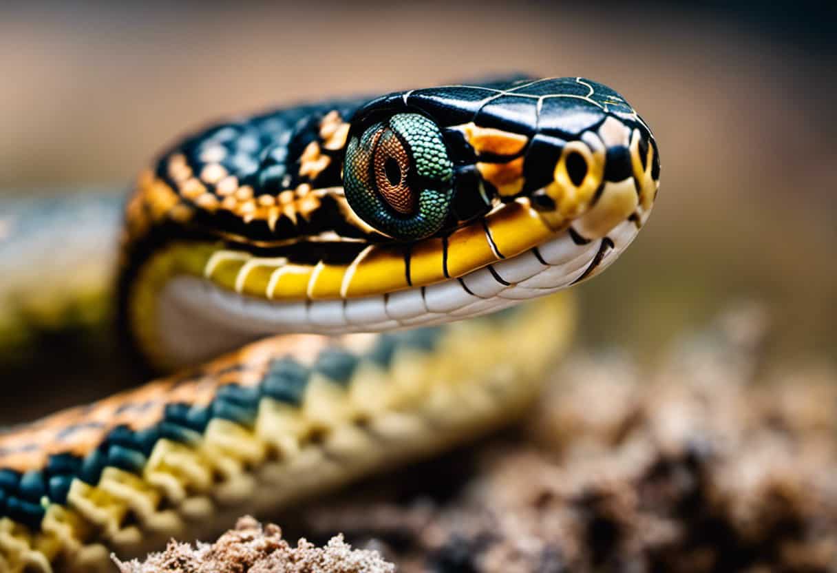 An image showcasing a close-up of a garter snake's head, with its flicking tongue capturing the scent molecules in the air