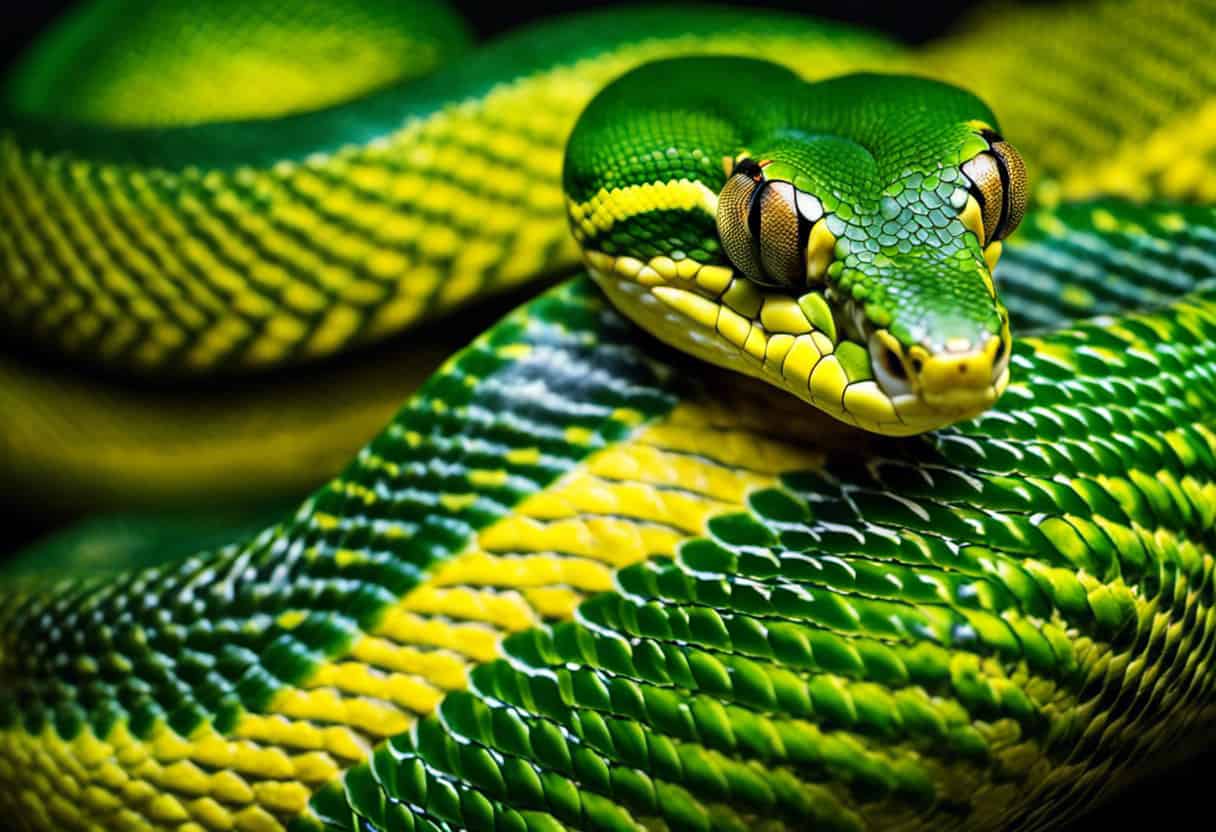 An image featuring a close-up of a vibrant green tree python, showcasing its intricate, symmetrical patterns