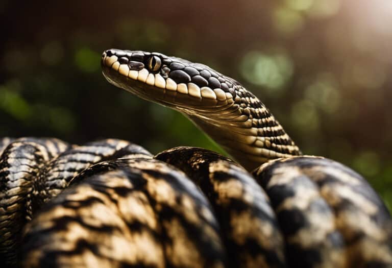 An image showcasing a mesmerizing coil of a snake's body, its scales glistening under the dappled sunlight, as its own jaws clamp onto its tail, capturing the enigmatic phenomenon of self-cannibalism