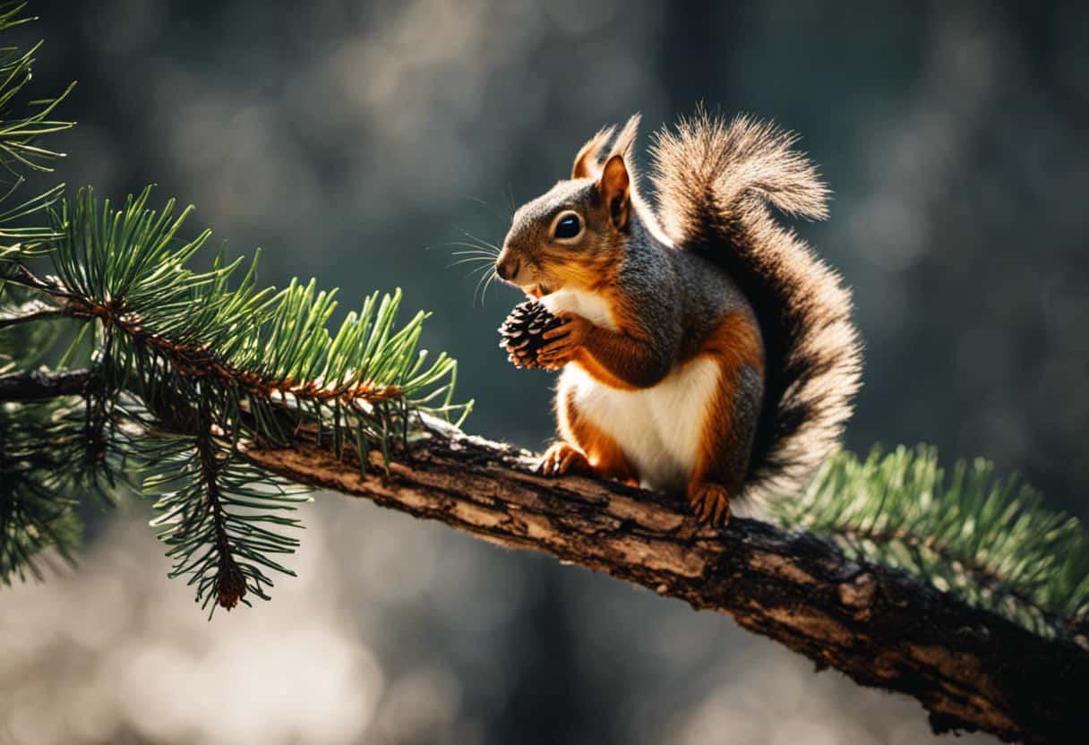An image showcasing a clever squirrel perched on a tall pine tree branch, using its nimble paws and sharp teeth to skillfully pry open a pine cone, revealing the delicious seeds hidden inside
