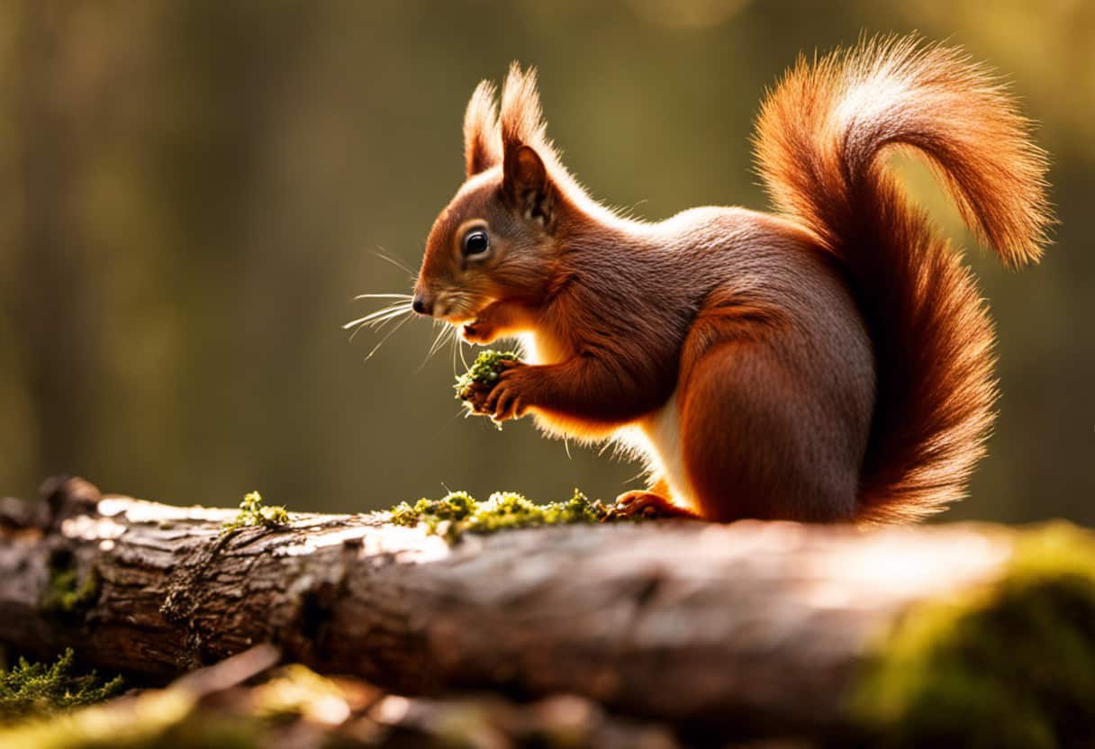 An image showcasing a vibrant red squirrel crouched atop a moss-covered log, enthusiastically nibbling on a partially opened pine cone