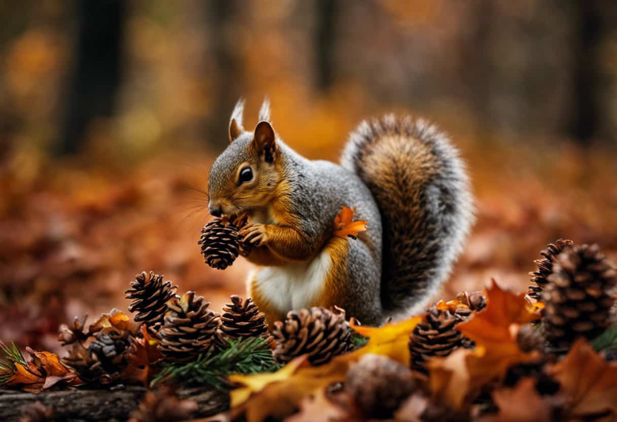 An image capturing the essence of squirrels feasting on pine cones during autumn, showcasing vibrant foliage in the background