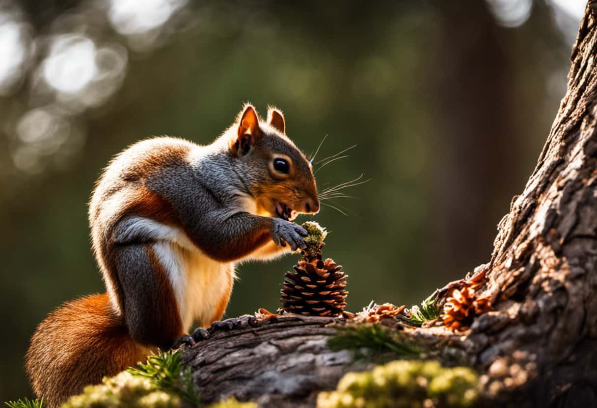 Close-up image of a squirrel munching on a pine cone, capturing the moment when the squirrel's teeth effortlessly crack open the cone, revealing the nutritious seeds inside, highlighting the potential health benefits