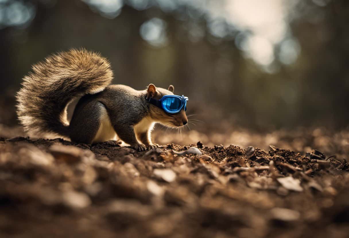 An image capturing a cautious individual observing a squirrel rolling in dirt from a distance, emphasizing the importance of safety goggles, gloves, and a face mask as protective measures against potential risks