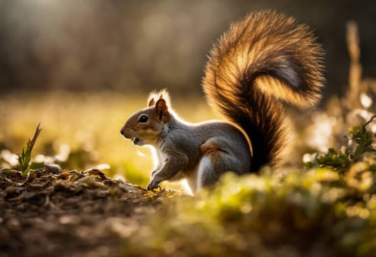 An image capturing a curious squirrel, bathed in golden sunlight, playfully rolling in soft, powdery dirt, its tiny paws kicking up clouds of earth, while its fluffy tail sways gracefully in the breeze