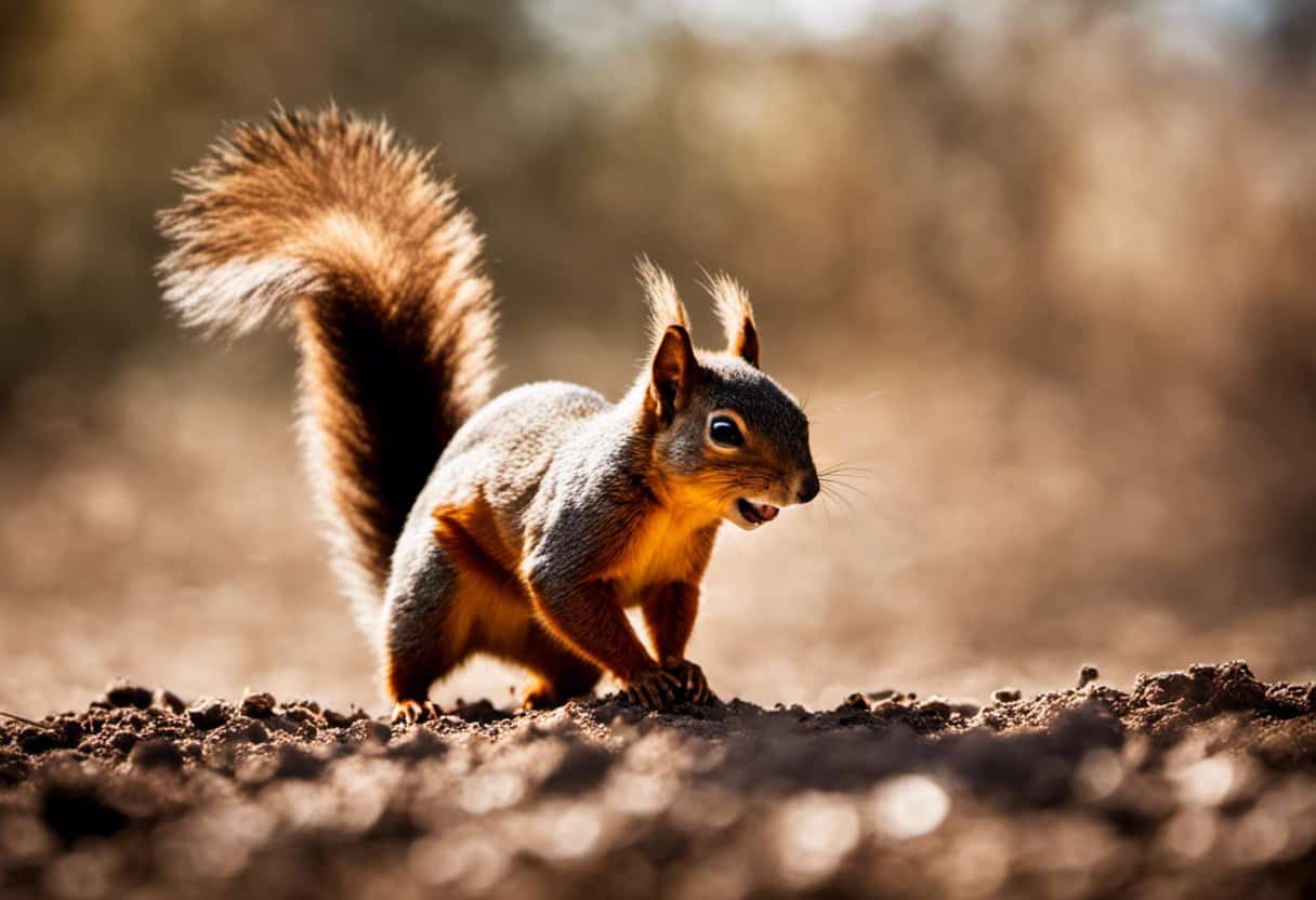 An image showcasing a vibrant scene of a curious squirrel enthusiastically rolling in a patch of dusty dirt, capturing its playful behavior as it joyfully kicks up a cloud of earthy particles