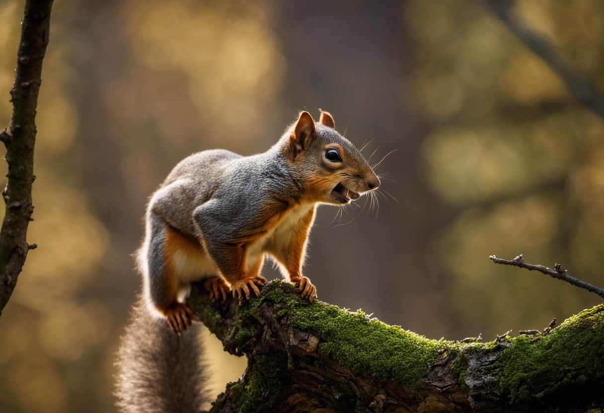 An image capturing a close-up of a squirrel perched on a tree branch, its body tense, mouth open wide in a silent scream, while its tail vibrates rapidly, emphasizing the significance of their movement noises