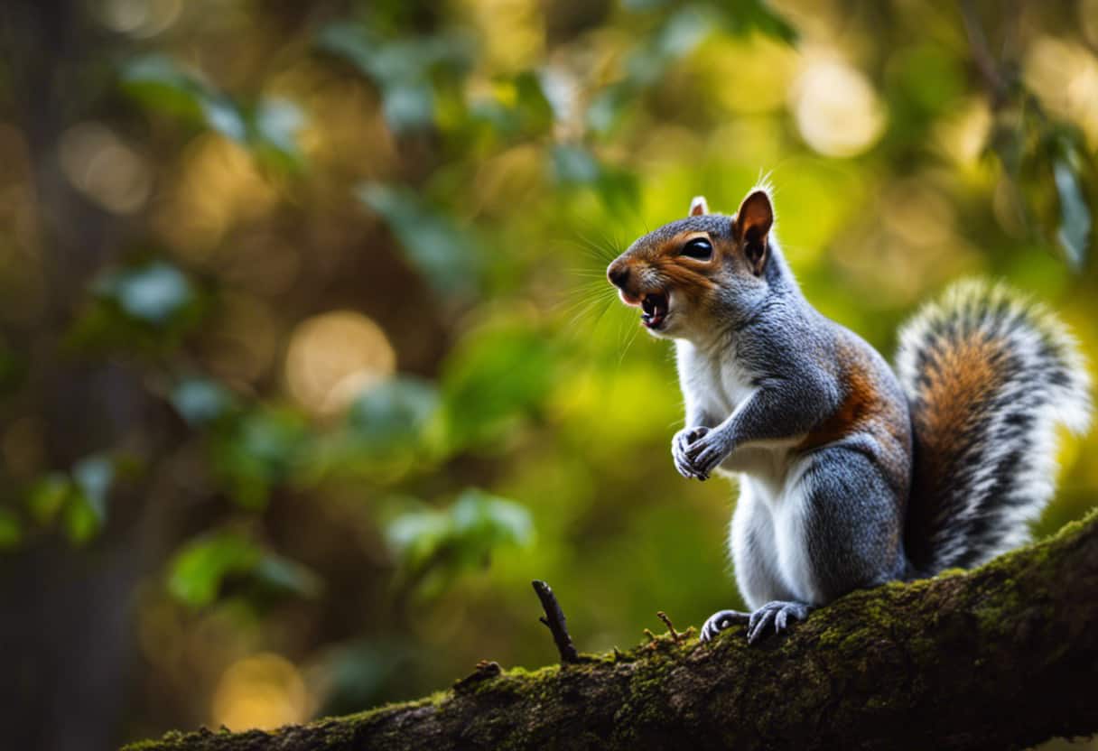 An image capturing a vibrant scene in a forest, with a squirrel perched on a branch, emitting piercing vocalizations