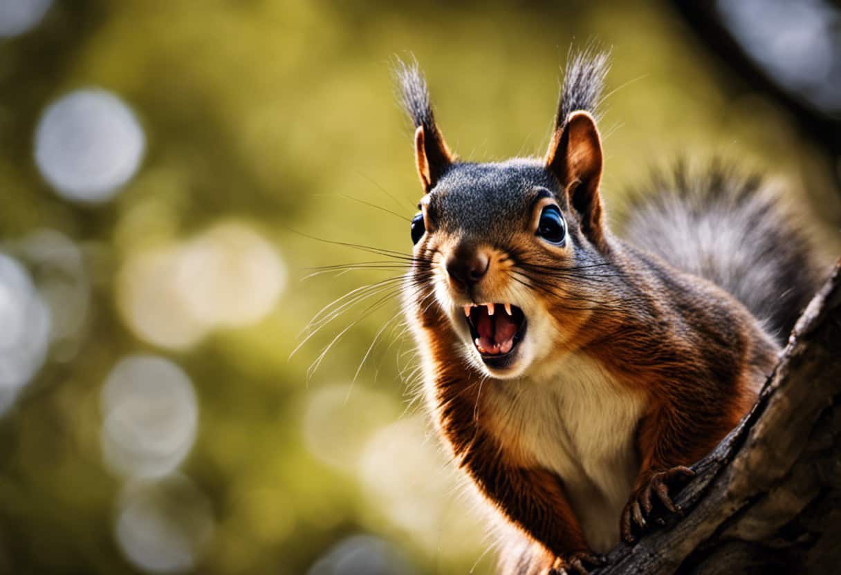 An image showcasing a close-up of a squirrel perched on a tree branch, mouth wide open in a silent scream, as its expressive eyes and raised fur convey the complexity of squirrel vocalizations