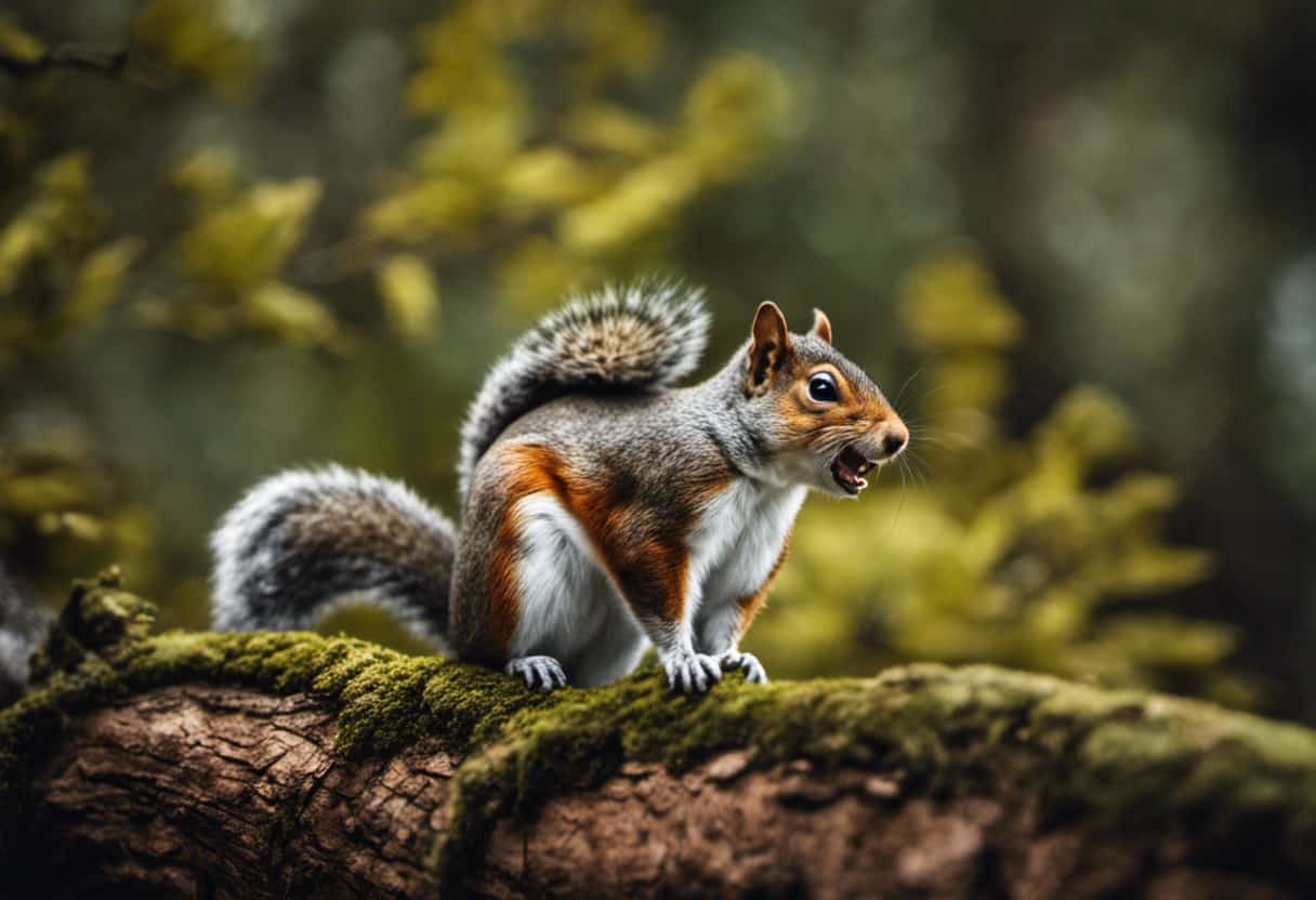 An image of a serene woodland scene with a curious squirrel perched on a branch, mouth wide open in a silent scream, showcasing their vocal range