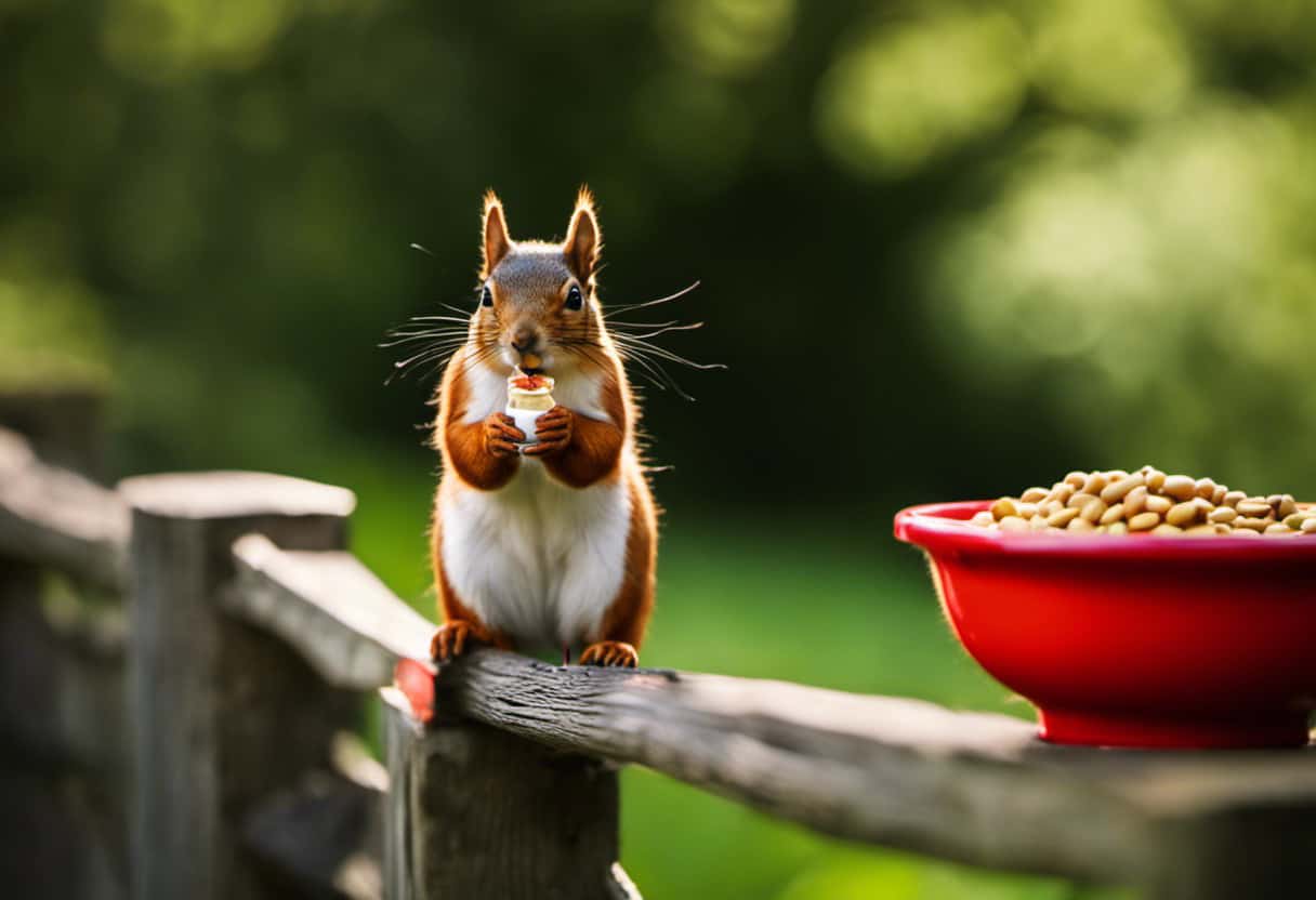 An image showcasing a curious squirrel perched on a fence, nibbling on a bowl of cat food