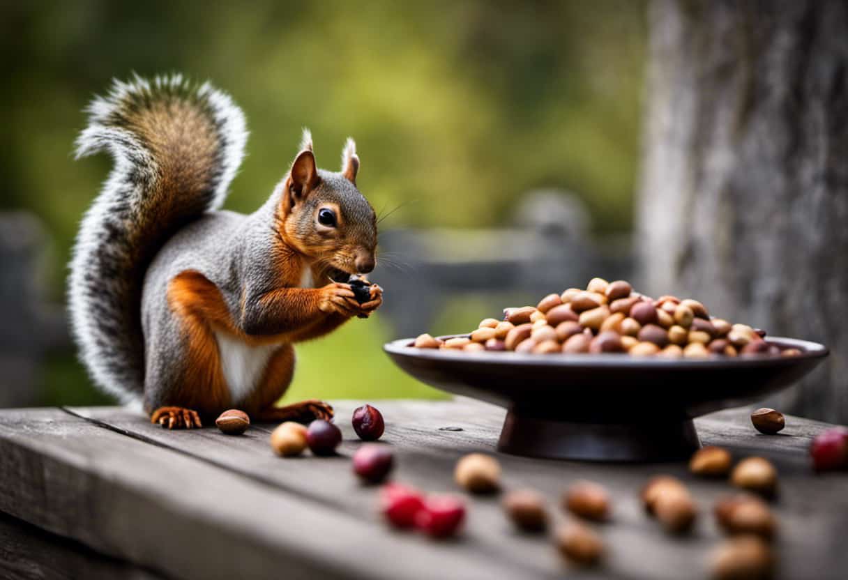 An image of a curious squirrel perched on a fence, inspecting a bowl of cat food, while surrounded by untouched nuts, acorns, and berries