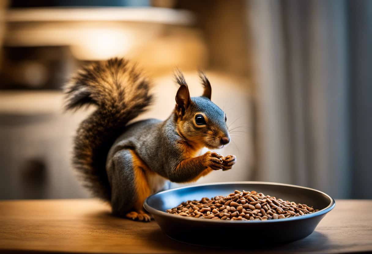 An image featuring a curious squirrel perched near a bowl of cat food, with a skeptical expression on its face