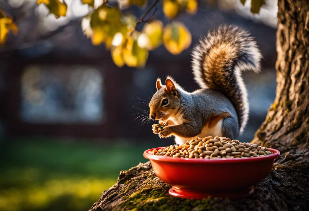 An image capturing a curious squirrel perched on a tree branch, nibbling on a bowl of cat food