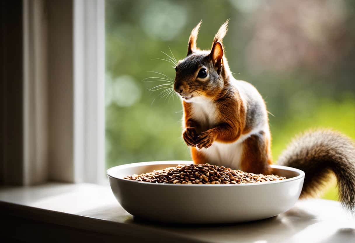 An image capturing a curious squirrel perched on a windowsill, peering into a bowl of cat food