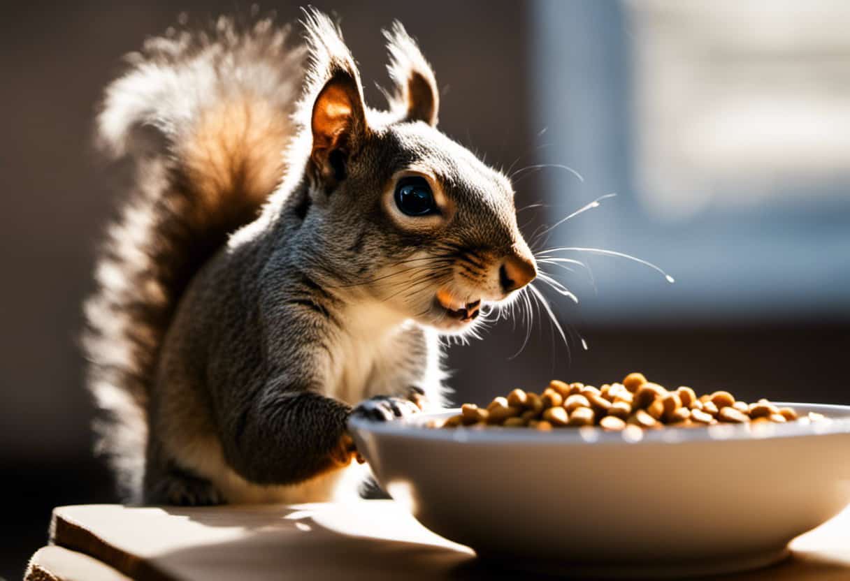 An image showcasing a curious squirrel delicately nibbling on a bowl of cat food, capturing the moment of intrigue as it munches on kibble, highlighting the question of whether squirrels can digest cat food