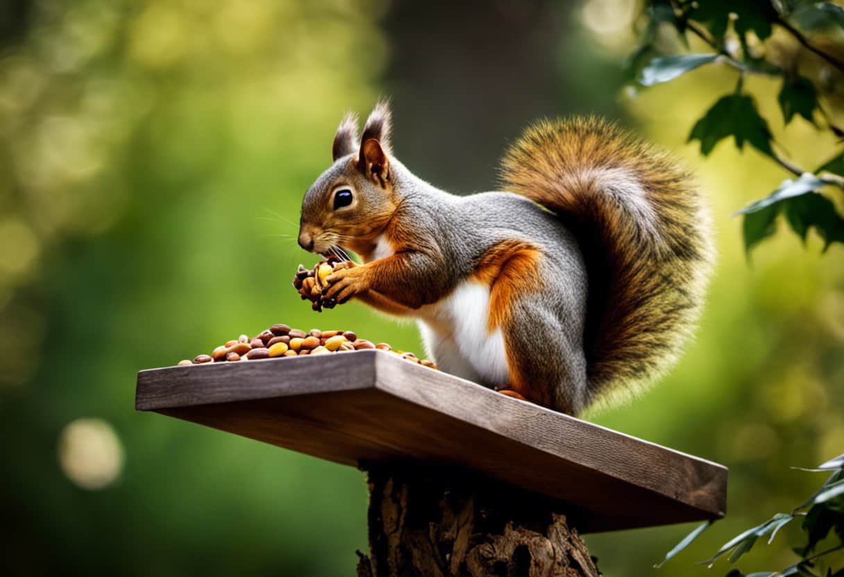 An image of a squirrel perched on a tree branch, munching happily on a pile of nuts and seeds placed in a wooden feeder, surrounded by vibrant foliage and a peaceful garden setting