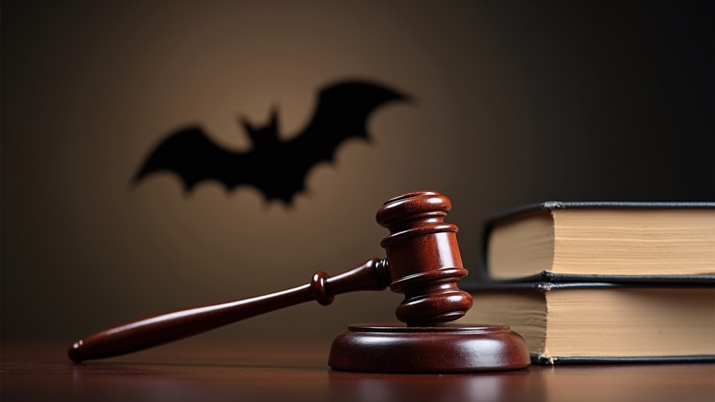Gavel and law books with bat silhouette