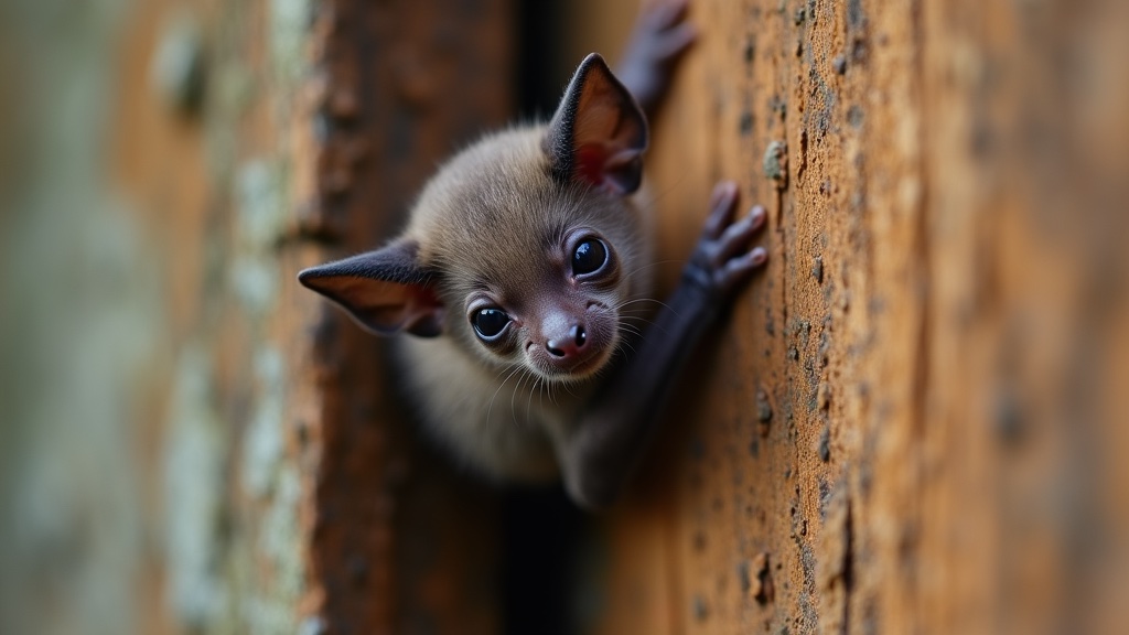 Close-up of a cluster of little brown bat pups roosting in an attic crevice during maternity season