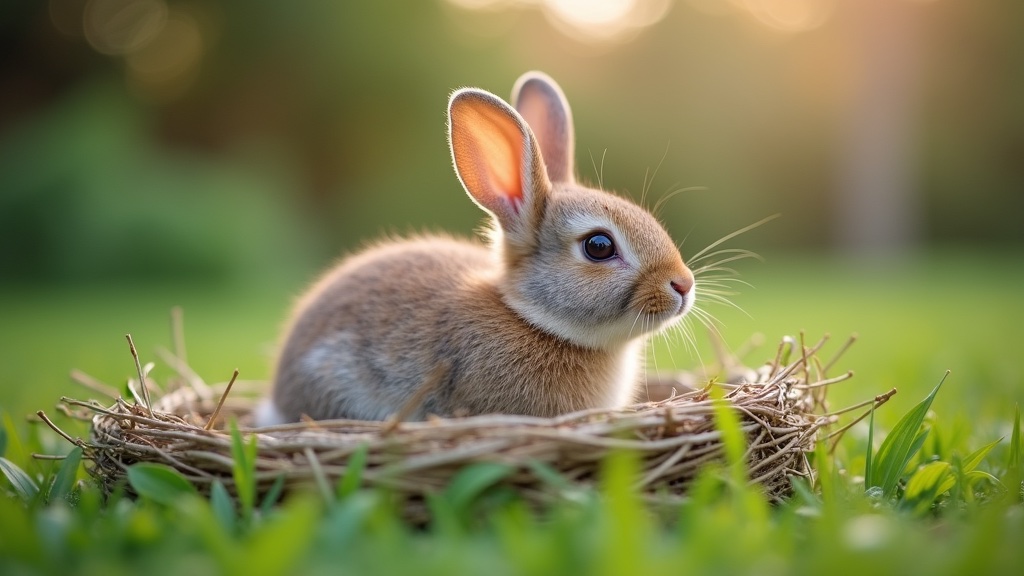 Baby rabbit in a grass nest in a backyard garden