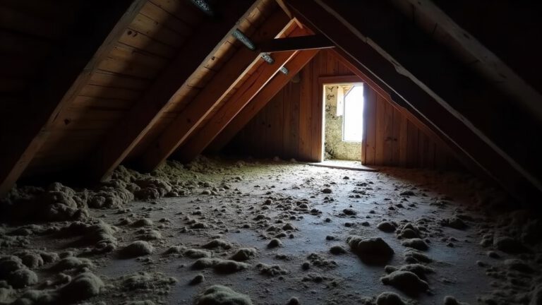 Bat in the Attic: Signs, Removal, and Exclusion Guide (2026) 4 Dark attic with bat guano on insulation and light showing entry point