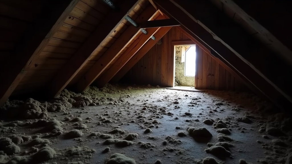 Dark attic with bat guano on insulation and light showing entry point