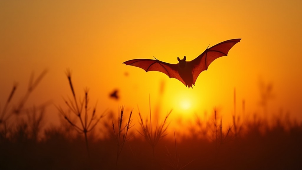 Bat flying at sunset catching insects