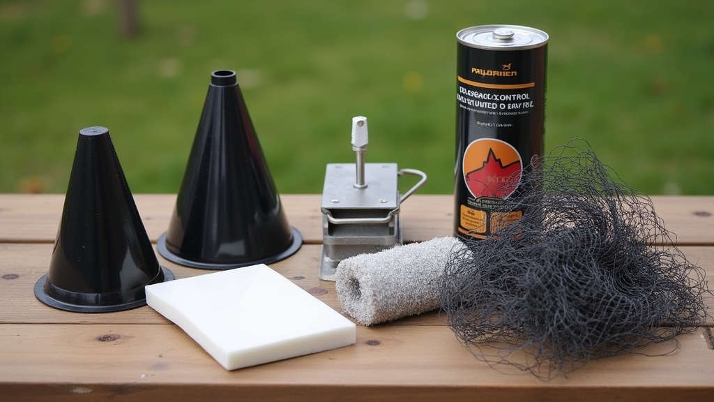 Bat exclusion products: cone valves, wire mesh, foam, chimney cap, netting on a table