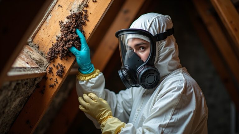 How to Safely Clean Bat Guano (2026) 2 Person in PPE respirator cleaning bat guano in attic