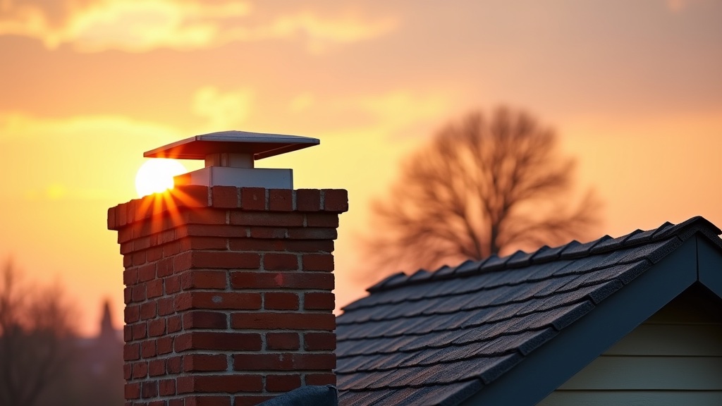 Brick chimney with cap on residential roof