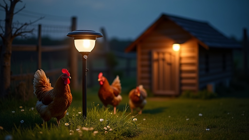 Solar motion light and ultrasonic deterrent placed near a raccoon-proof chicken coop at night