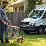 Homeowner with live trap and wildlife control truck showing DIY vs professional removal options