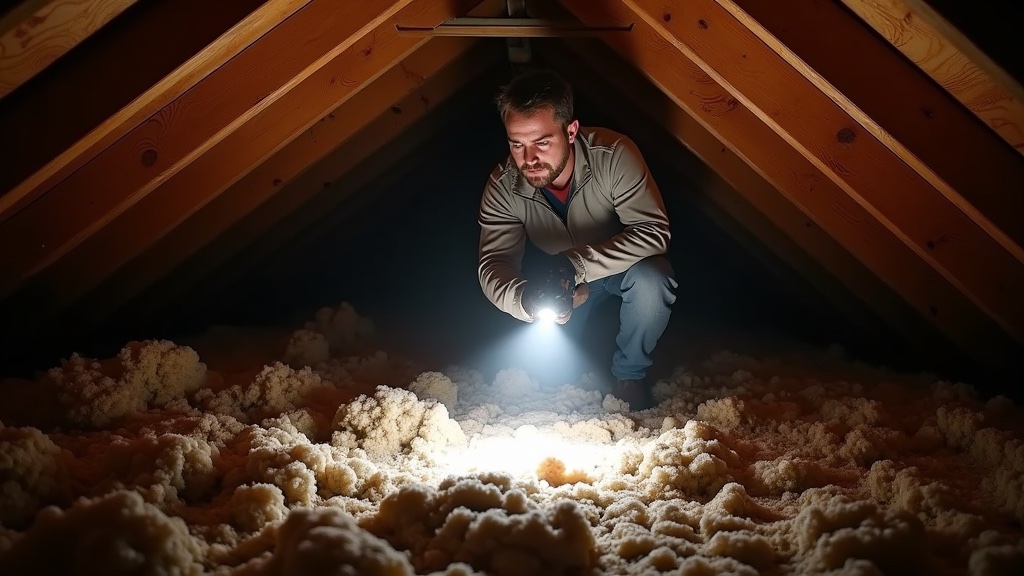Person inspecting attic with flashlight for bat signs