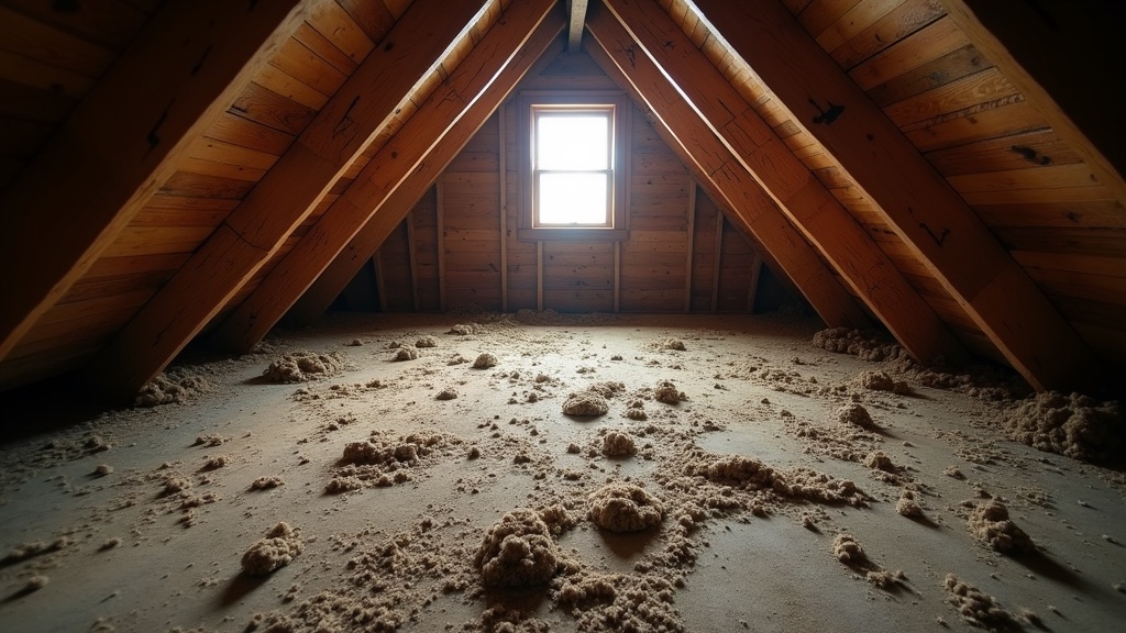 Attic interior with raccoon damage, droppings and torn insulation visible