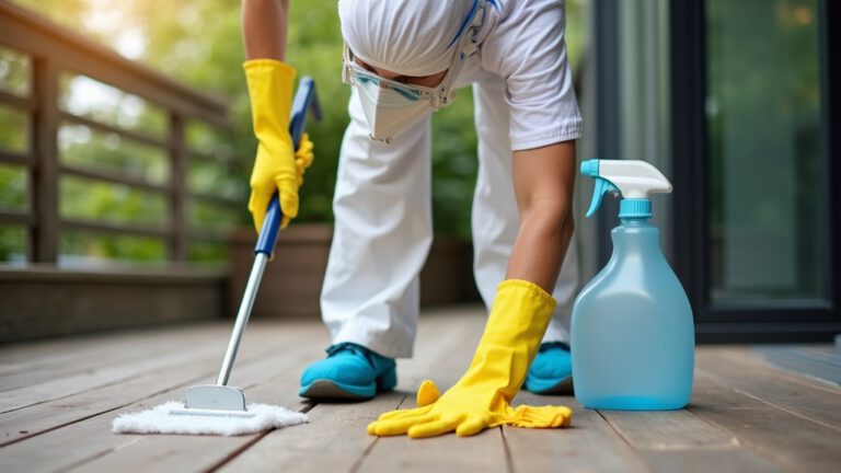 How to Safely Clean Raccoon Droppings (2026) 1 Person in PPE cleaning raccoon droppings with spray bottle and protective gear