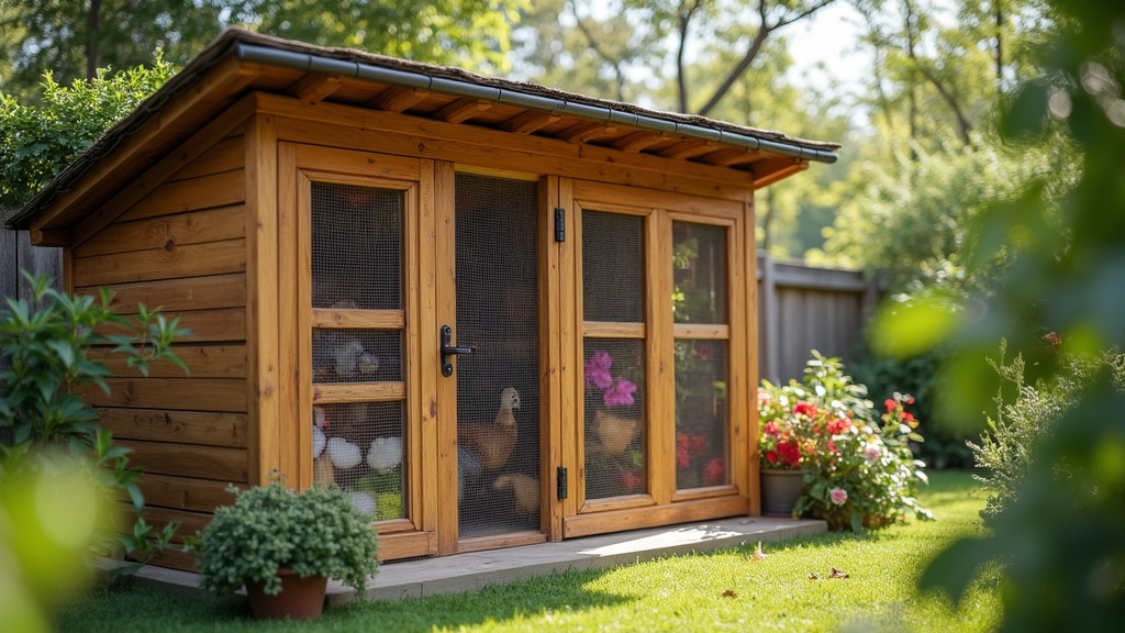Secure wooden chicken coop with hardware cloth on windows in a backyard garden