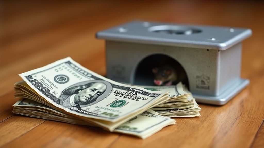 Money and rat trap on wooden floor