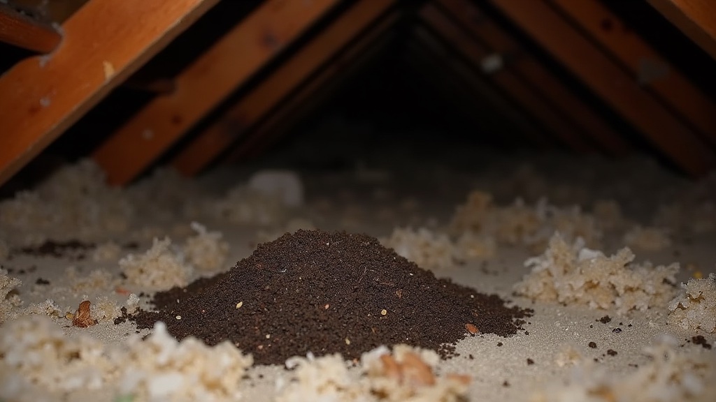 Signs of Bats in Your House: Detection & Identification Guide (2026) 1 Bat droppings pile on attic insulation indicating infestation