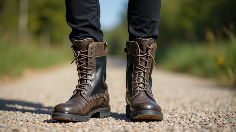 Tall snake-proof leather boots on a gravel path
