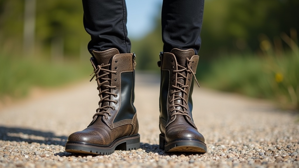 Tall snake-proof leather boots on a gravel path