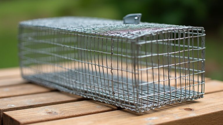 Humane squirrel cage trap on a wooden deck