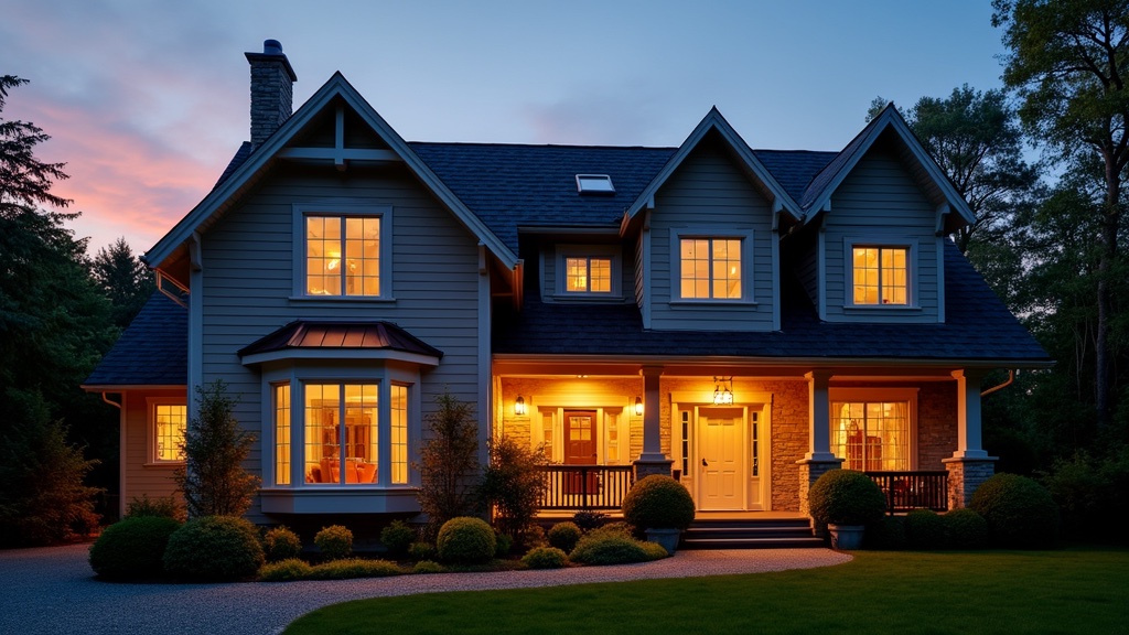 Warm lit house exterior at dusk with roofline