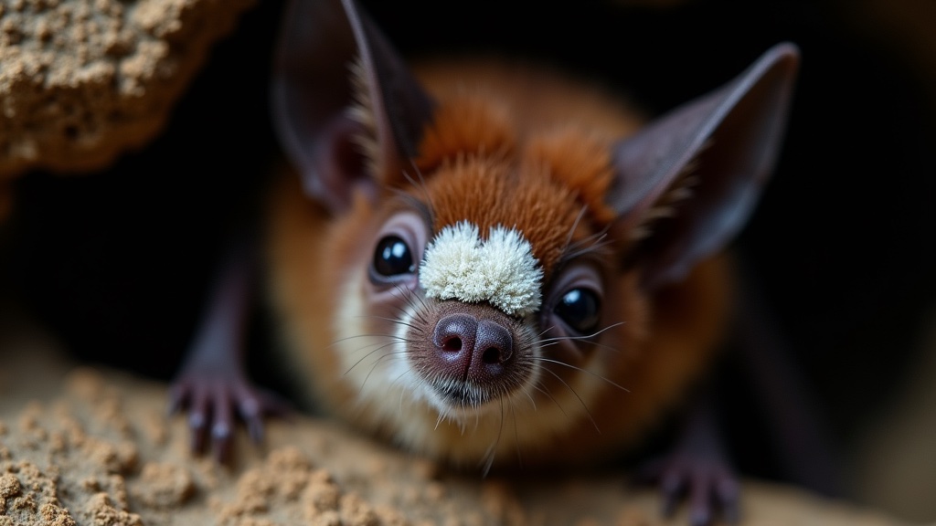 Hibernating bat with white-nose fungus on nose and wings