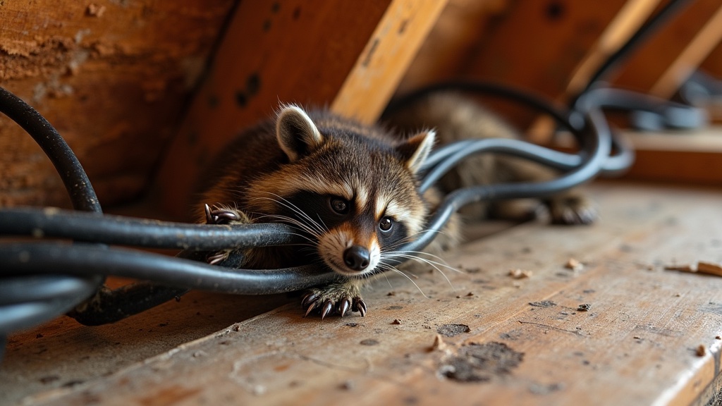 Raccoon in attic looking at damaged roof insulation with light streaming through a hole