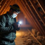 Professional wildlife control technician inspecting an attic with flashlight