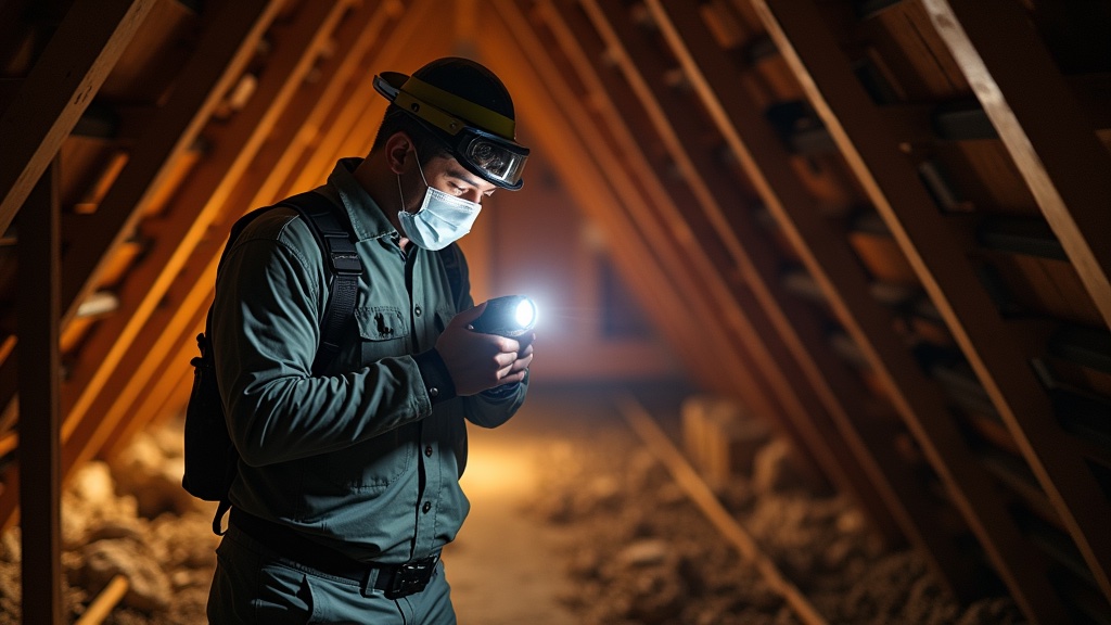 Professional wildlife control technician inspecting an attic with flashlight